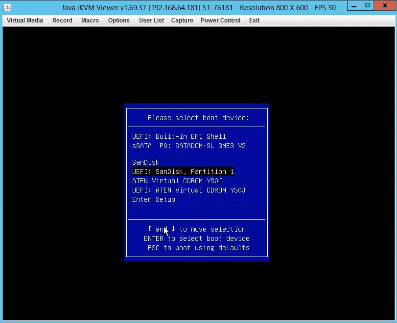 Server boot menu with ISO installation